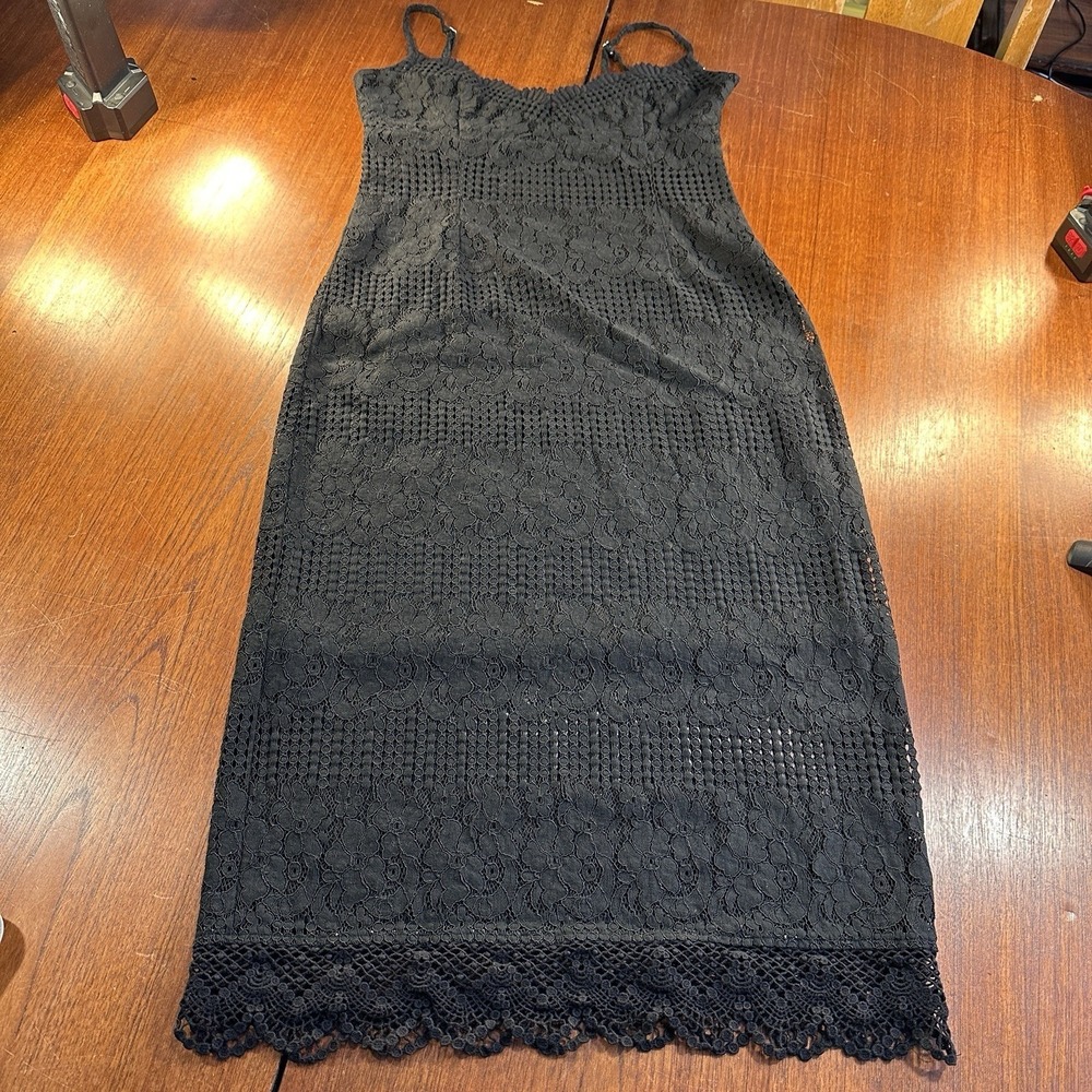 NSR Lace Midi Dress Sz M Black Sweetheart Neck Crochet Hem LBD Whimsigoth Fairy